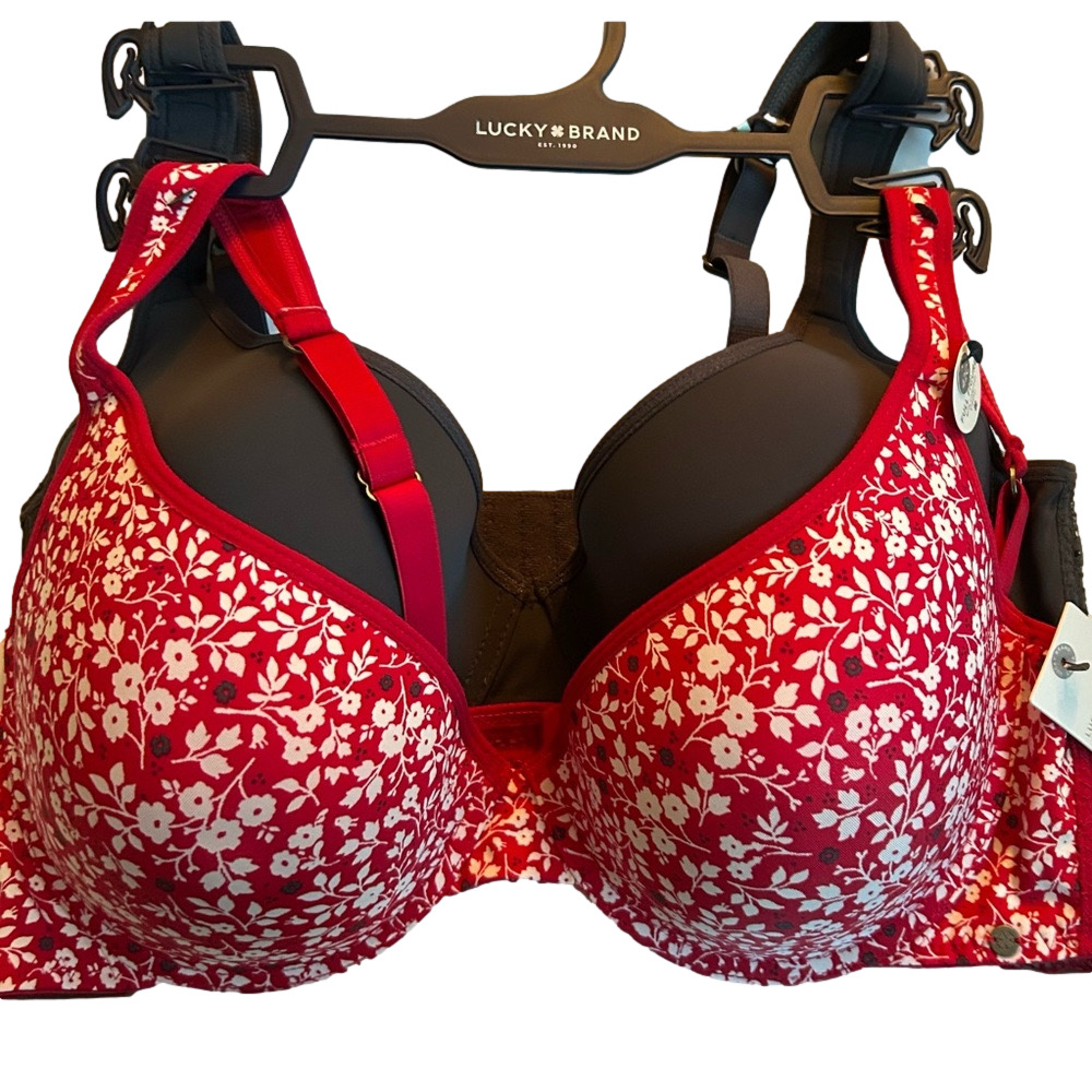 Lucky Brand 2 Woman’s Full Figure Bra’s Red White Floral and Black Solid 42C